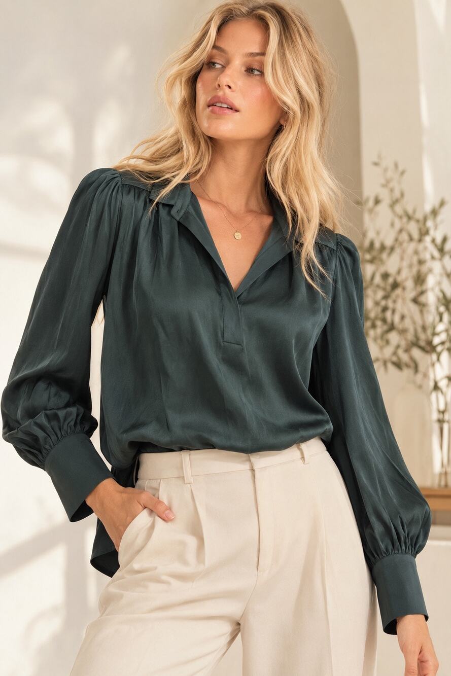 Quince Washable Stretch Mulberry Silk Split Neck Blouse S Green Quiet Luxury